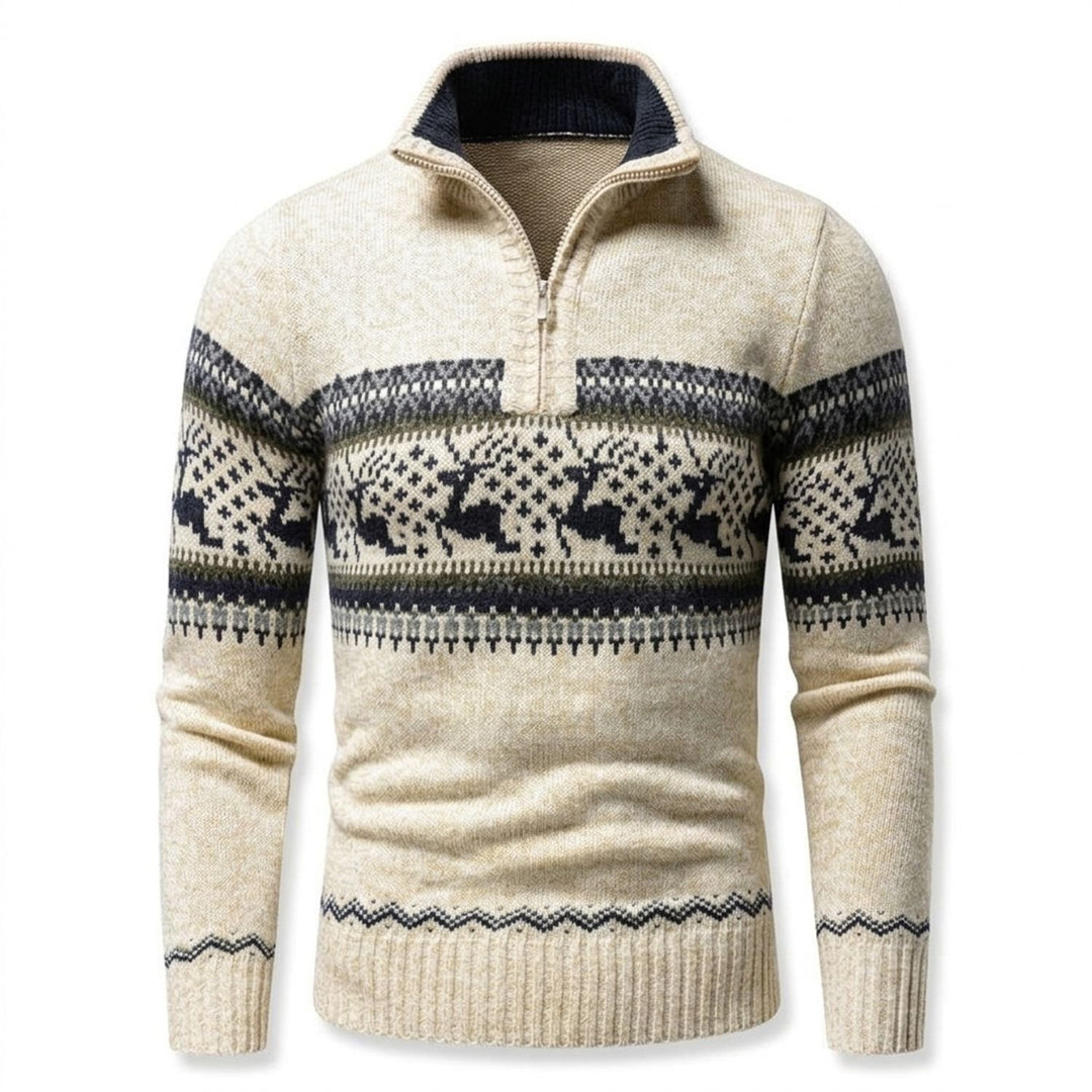 Herren Troyer Strickpullover Half-Zip Wintermotiv - Beige
