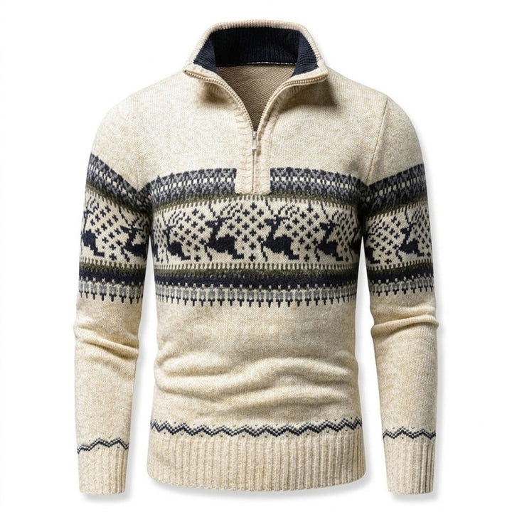Herren Troyer Strickpullover Half-Zip Wintermotiv - Beige