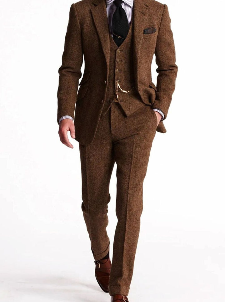 Herren Tweed-Winteranzug mit Weste und Tasche klassischer Schnitt - Braun