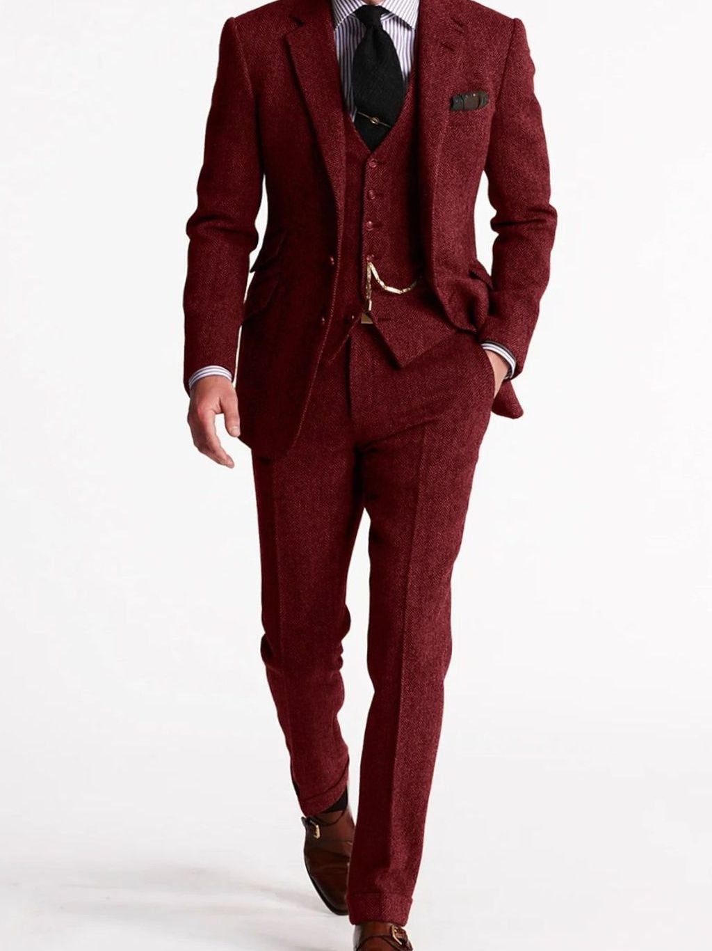 Herren Tweed-Winteranzug mit Weste und Tasche klassischer Schnitt - Burgunderrot