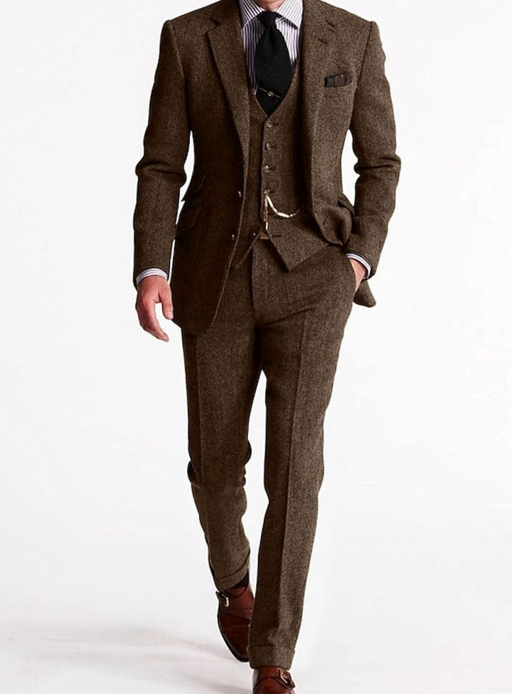 Herren Tweed-Winteranzug mit Weste und Tasche klassischer Schnitt - Kaffee