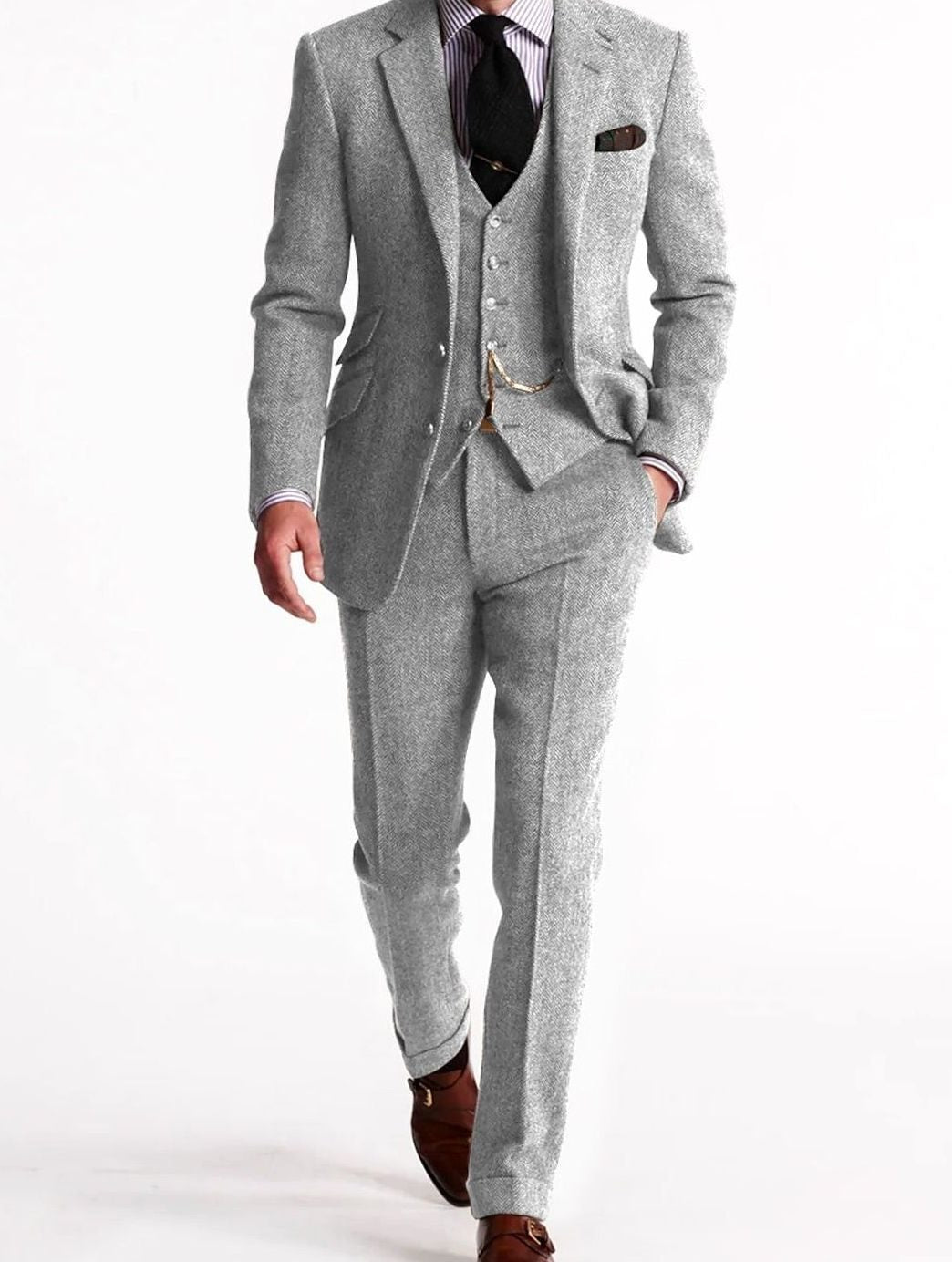 Herren Tweed-Winteranzug mit Weste und Tasche klassischer Schnitt - Silber
