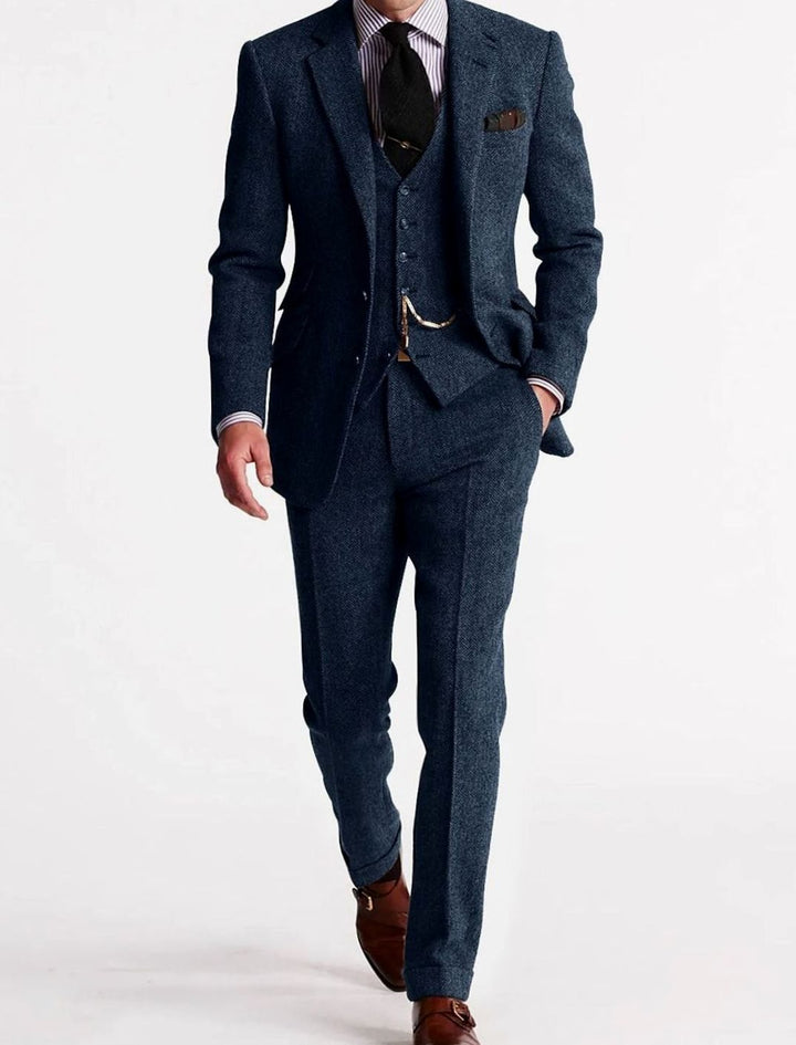 Herren Tweed-Winteranzug mit Weste und Tasche klassischer Schnitt - Marineblau