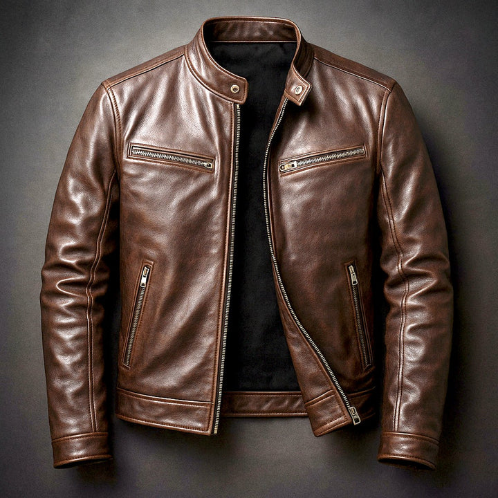 Herren Vintage Biker Quilted Jacket Echtleder Reißverschluss - Zigarrenbraun