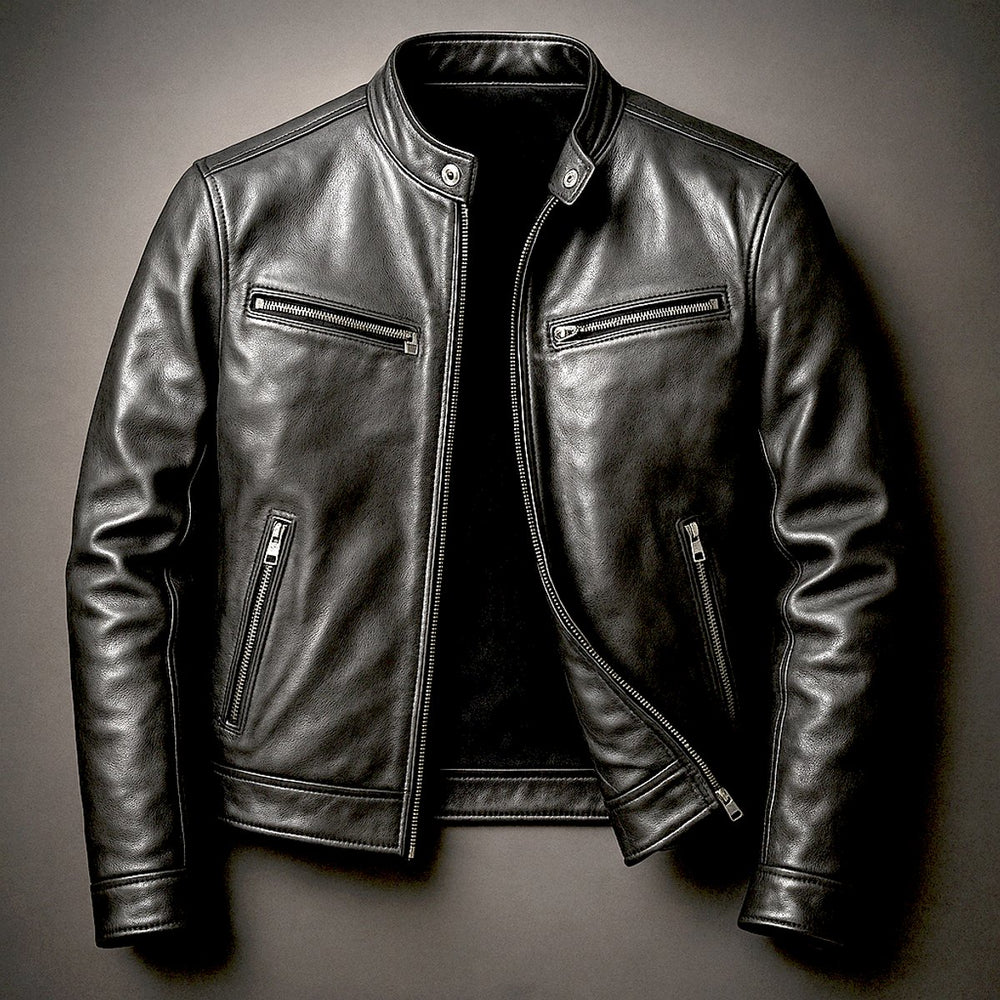 Herren Vintage Biker Quilted Jacket Echtleder Reißverschluss - Biker Schwarz