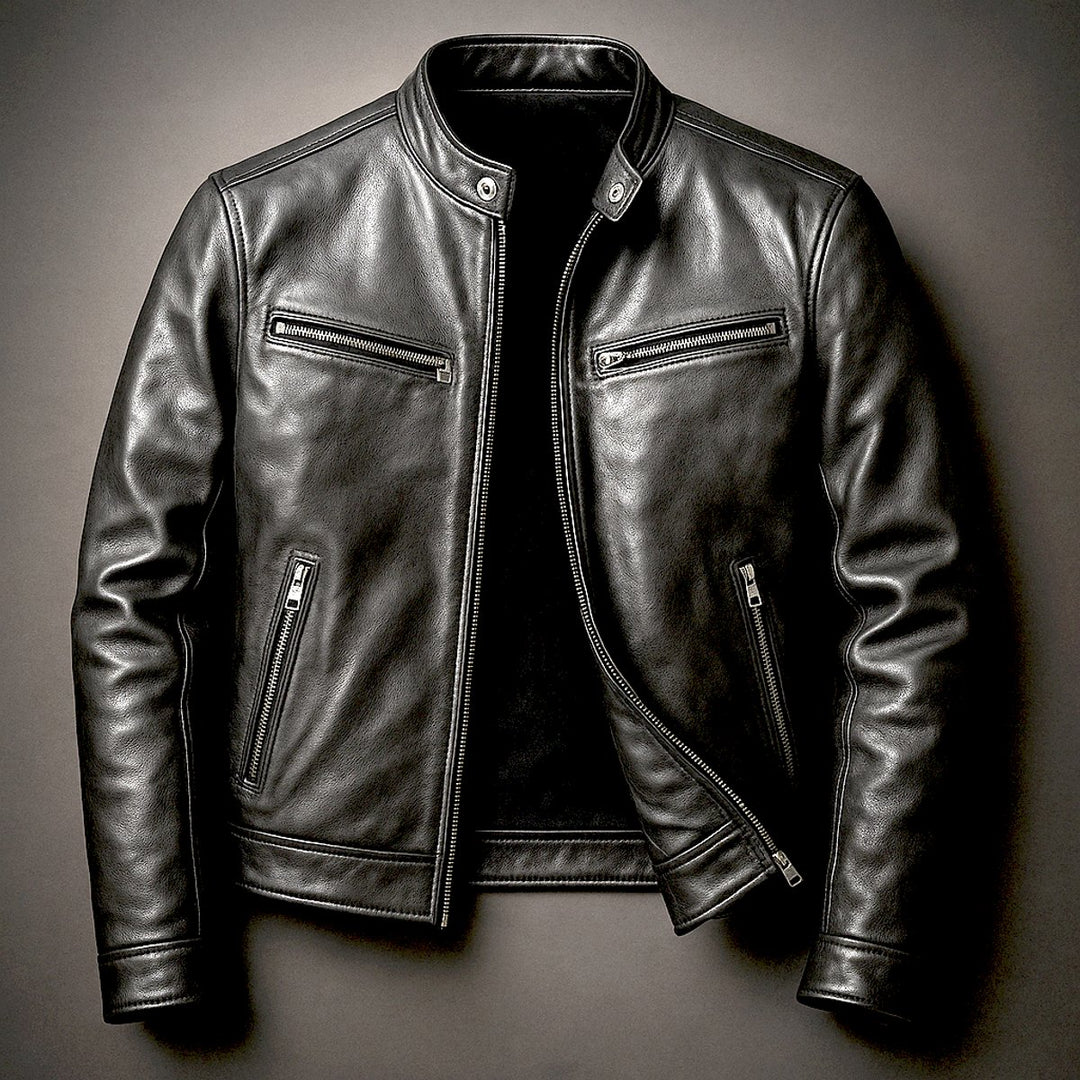 Herren Vintage Biker Quilted Jacket Echtleder Reißverschluss - Biker Schwarz