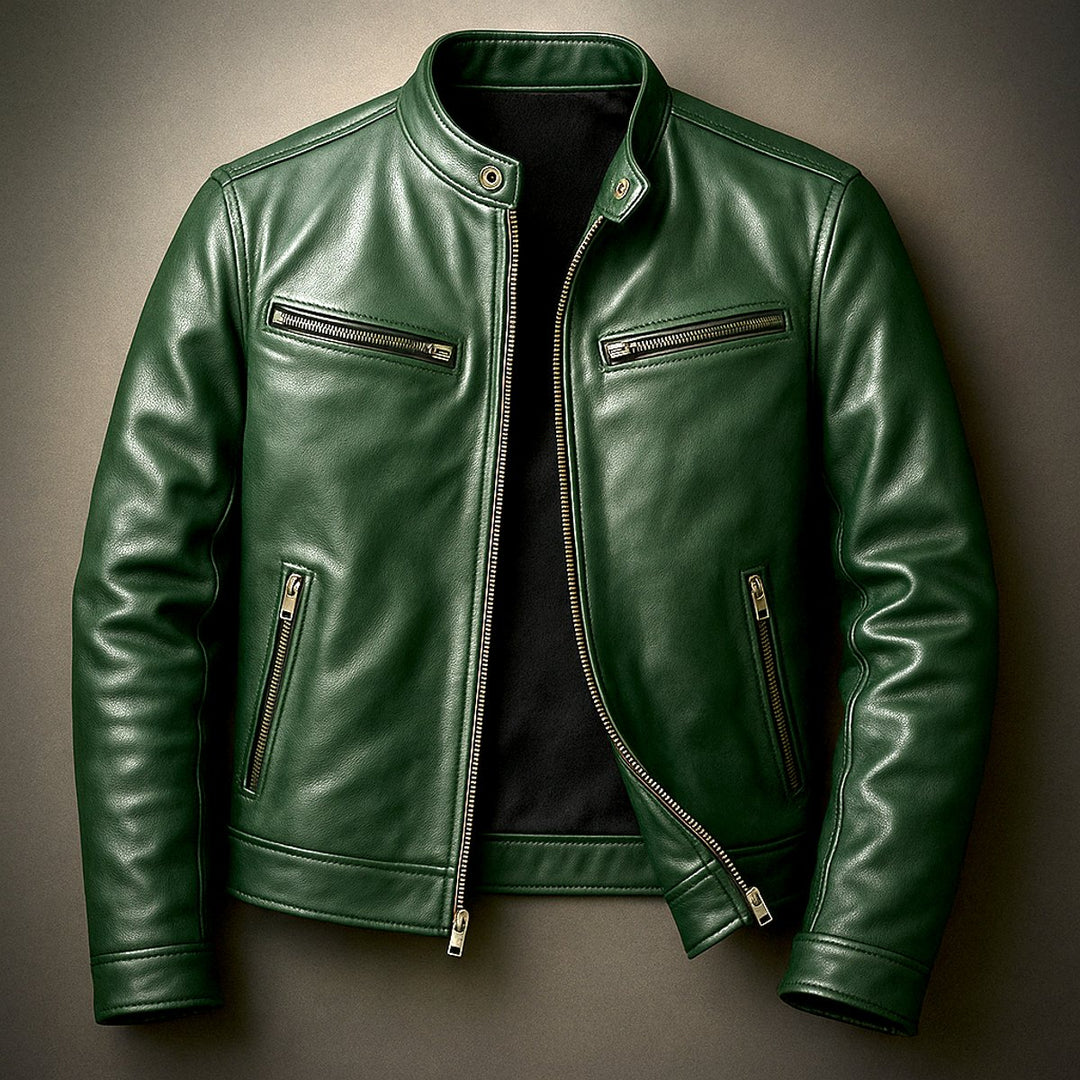 Herren Vintage Biker Quilted Jacket Echtleder Reißverschluss - Tannengrün