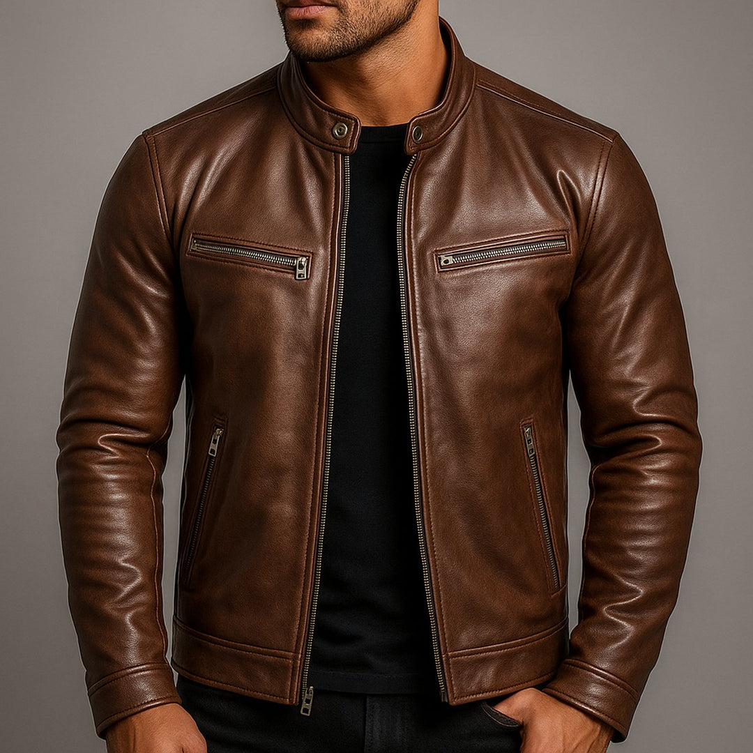 Herren Vintage Biker Quilted Jacket Echtleder Reißverschluss