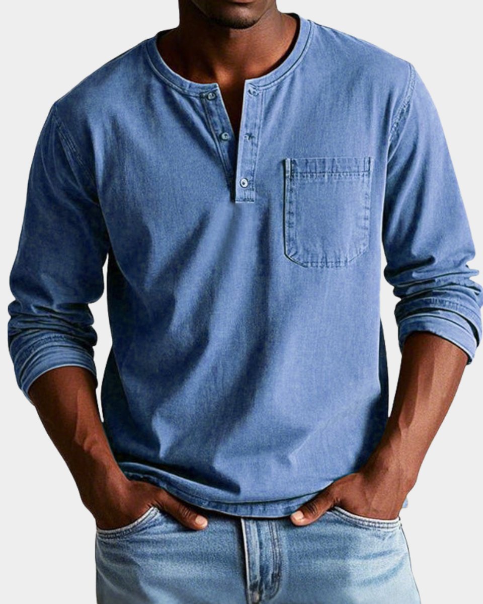 Herren Vintage Langarm Henley-Shirt mit Brusttasche - Blau