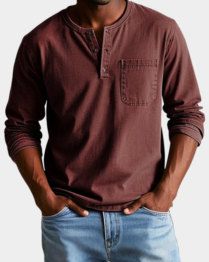 Herren Vintage Langarm Henley-Shirt mit Brusttasche - Rot