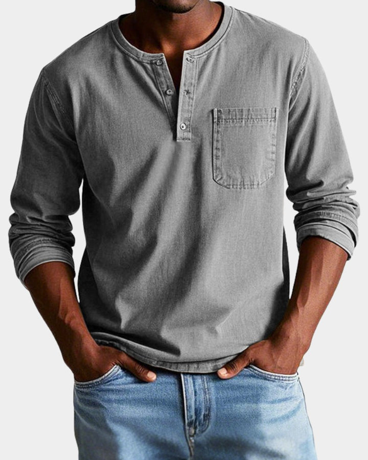 Herren Vintage Langarm Henley-Shirt mit Brusttasche - Grau