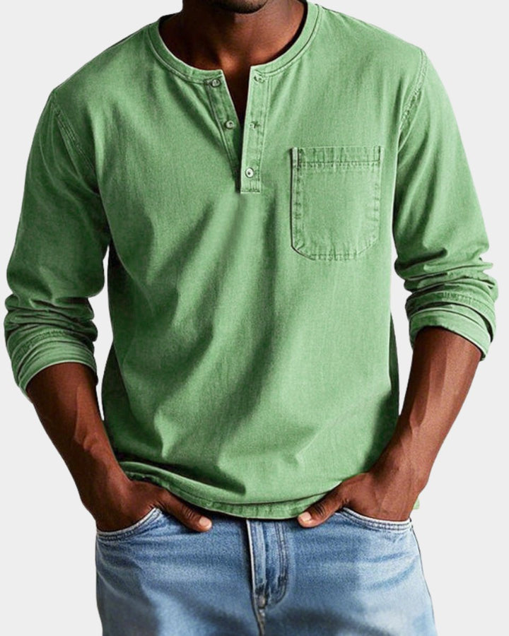 Herren Vintage Langarm Henley-Shirt mit Brusttasche - Grün