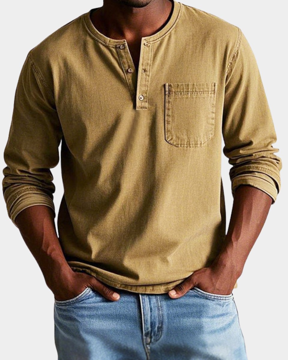 Herren Vintage Langarm Henley-Shirt mit Brusttasche - Khaki