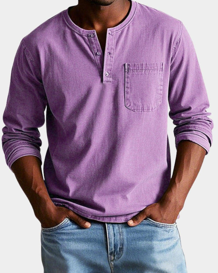 Herren Vintage Langarm Henley-Shirt mit Brusttasche - Violett