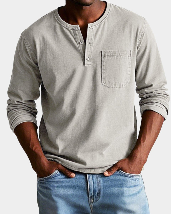 Herren Vintage Langarm Henley-Shirt mit Brusttasche - Beige