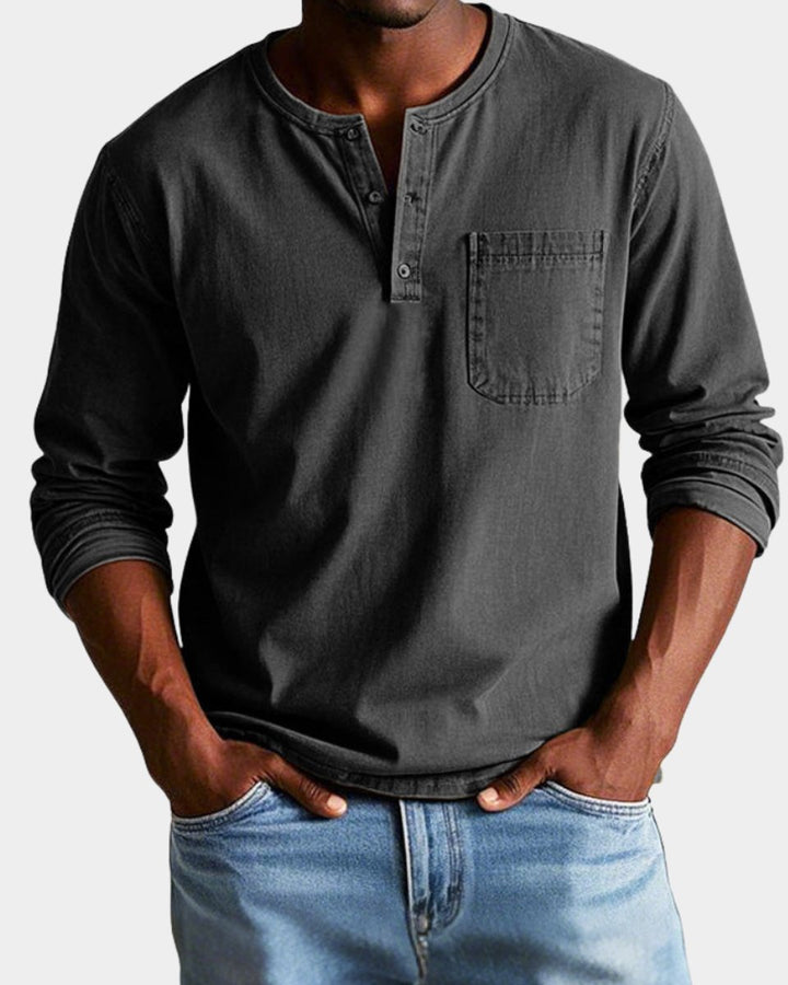 Herren Vintage Langarm Henley-Shirt mit Brusttasche - Schwarz