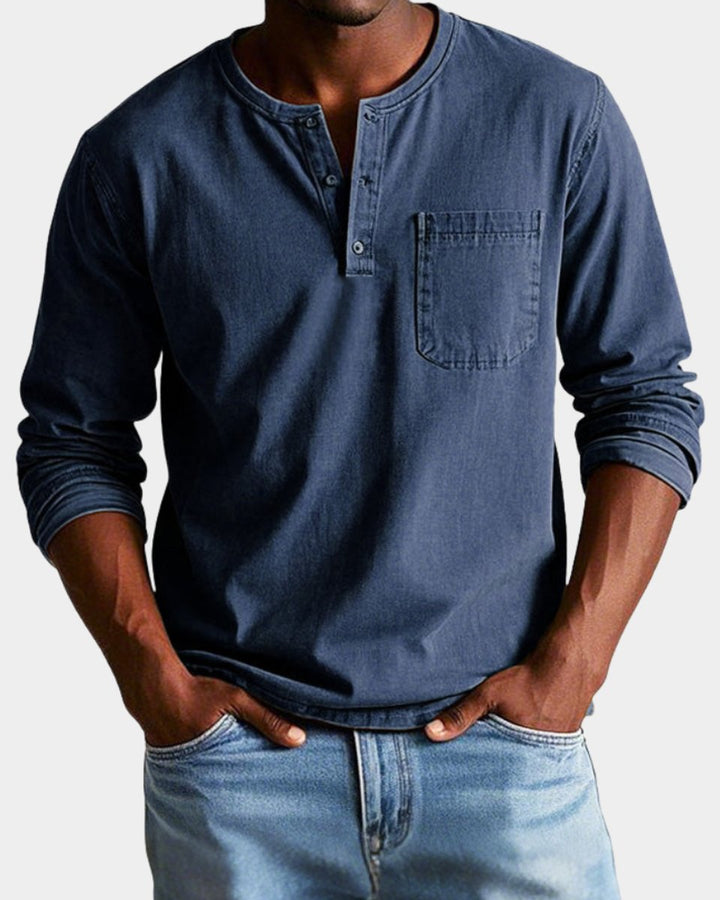 Herren Vintage Langarm Henley-Shirt mit Brusttasche - Marineblau