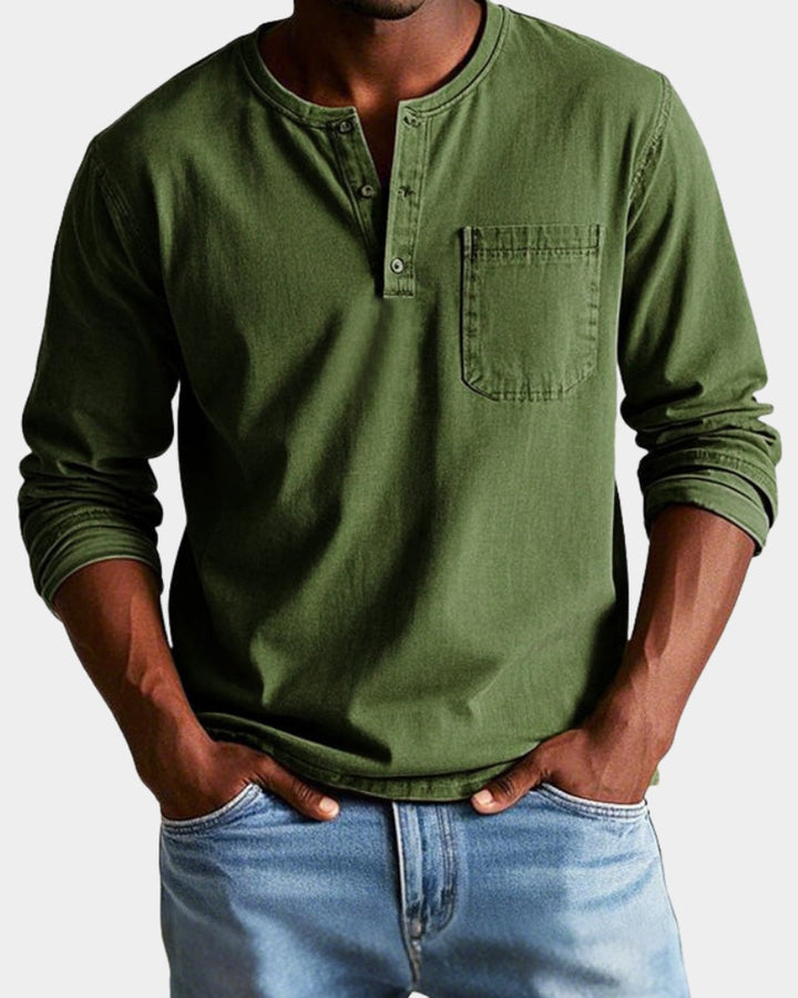 Herren Vintage Langarm Henley-Shirt mit Brusttasche - Armeegrün