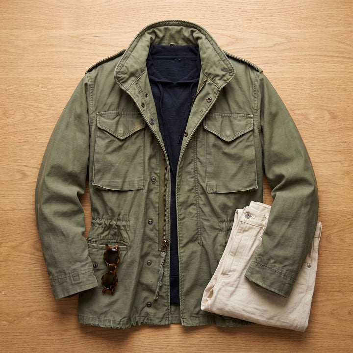 Herren Vintage Militärjacke mit versteckter Kapuze und Cargotaschen
