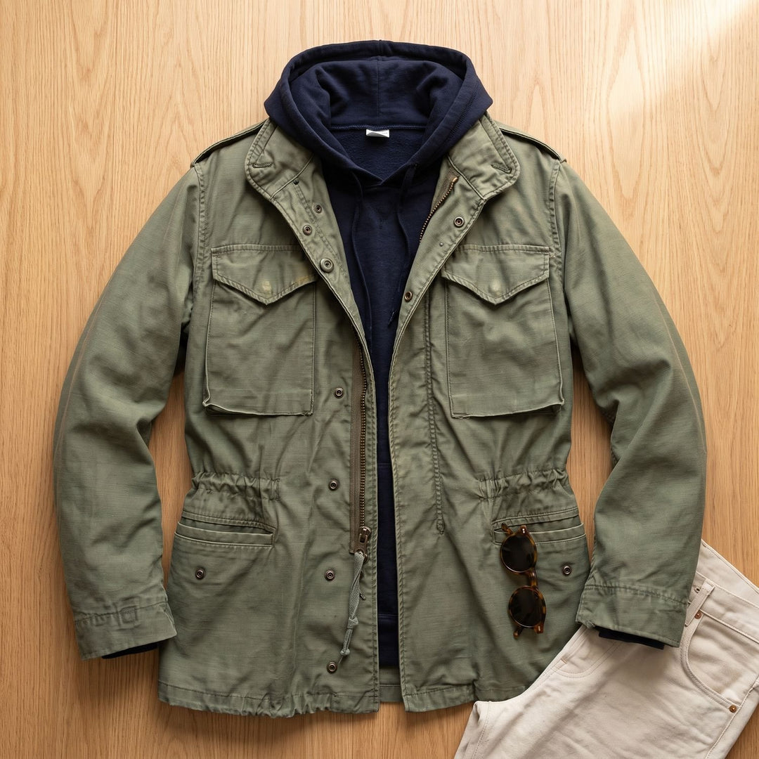 Herren Vintage Militärjacke mit versteckter Kapuze und Cargotaschen - Grün