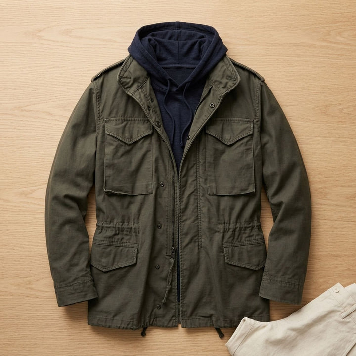 Herren Vintage Militärjacke mit versteckter Kapuze und Cargotaschen - Schwarz