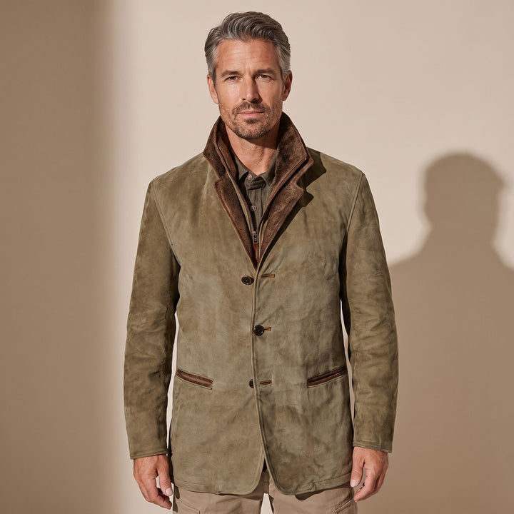 Herren Vintage Wildleder-Sakko mit Fleecekragen und Knopfleiste - Khaki