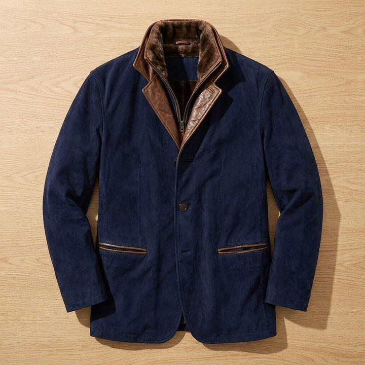 Herren Vintage Wildleder-Sakko mit Fleecekragen und Knopfleiste - Marineblau