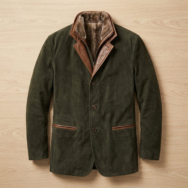 Herren Vintage Wildleder-Sakko mit Fleecekragen und Knopfleiste - Grün