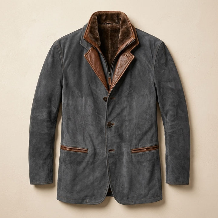 Herren Vintage Wildleder-Sakko mit Fleecekragen und Knopfleiste - Grau