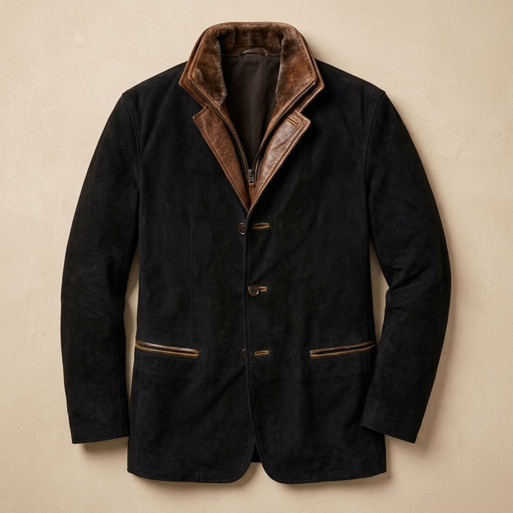 Herren Vintage Wildleder-Sakko mit Fleecekragen und Knopfleiste - Schwarz