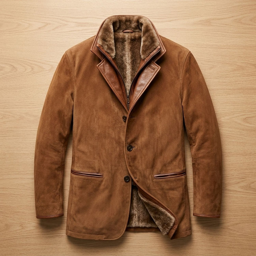 Herren Vintage Wildleder-Sakko mit Fleecekragen und Knopfleiste - Braun