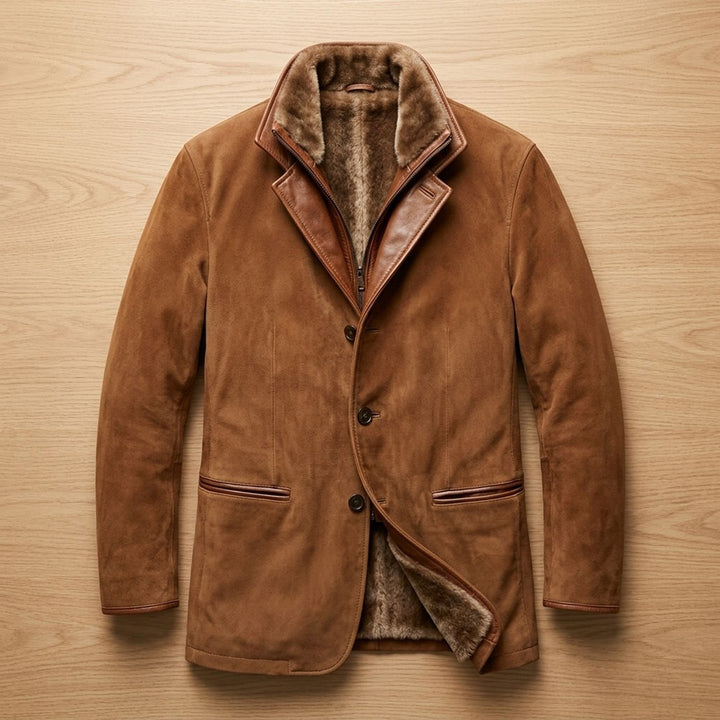 Herren Vintage Wildleder-Sakko mit Fleecekragen und Knopfleiste - Braun