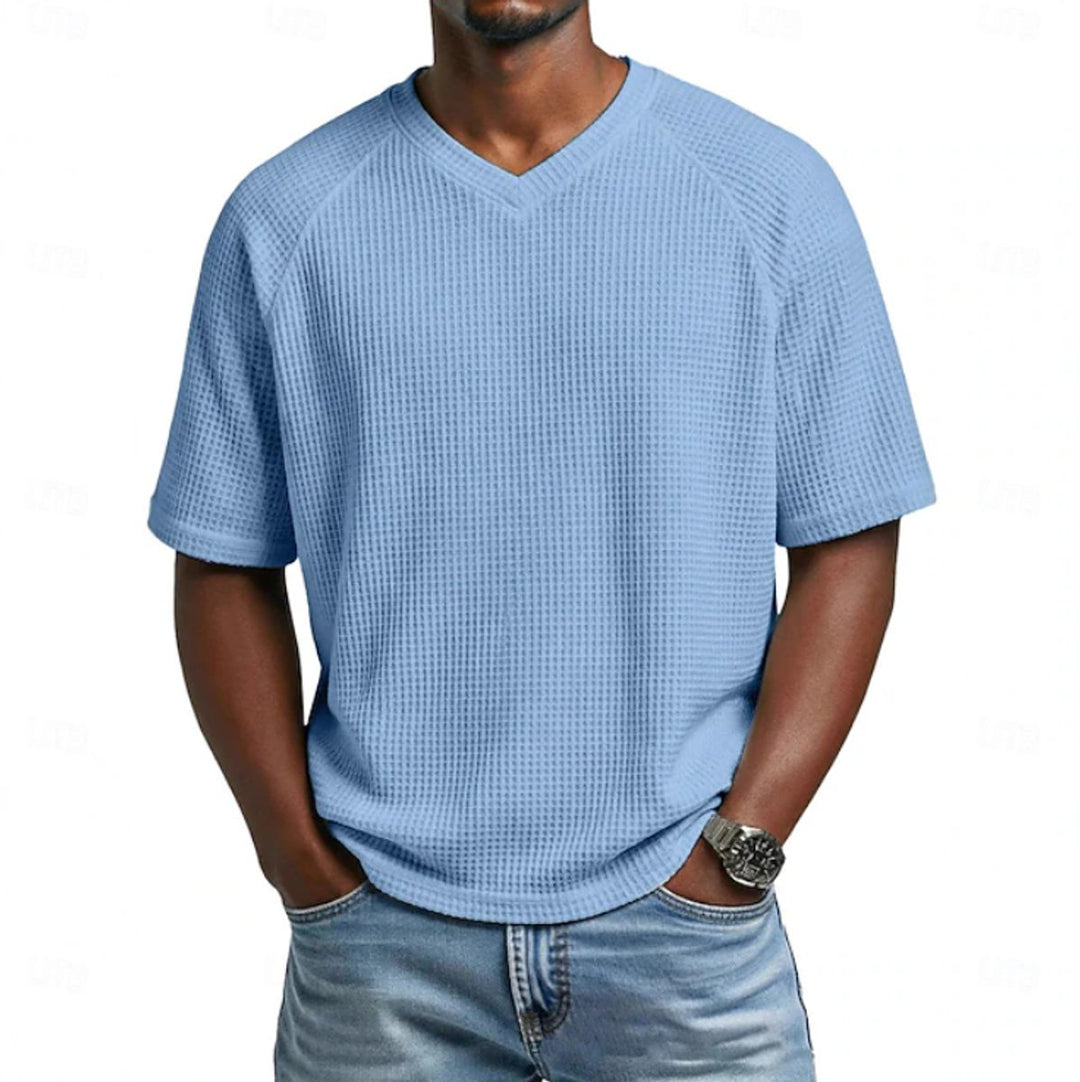 Herren Waffelstrick Kurzarm-Shirt V-Ausschnitt Raglan - Blau