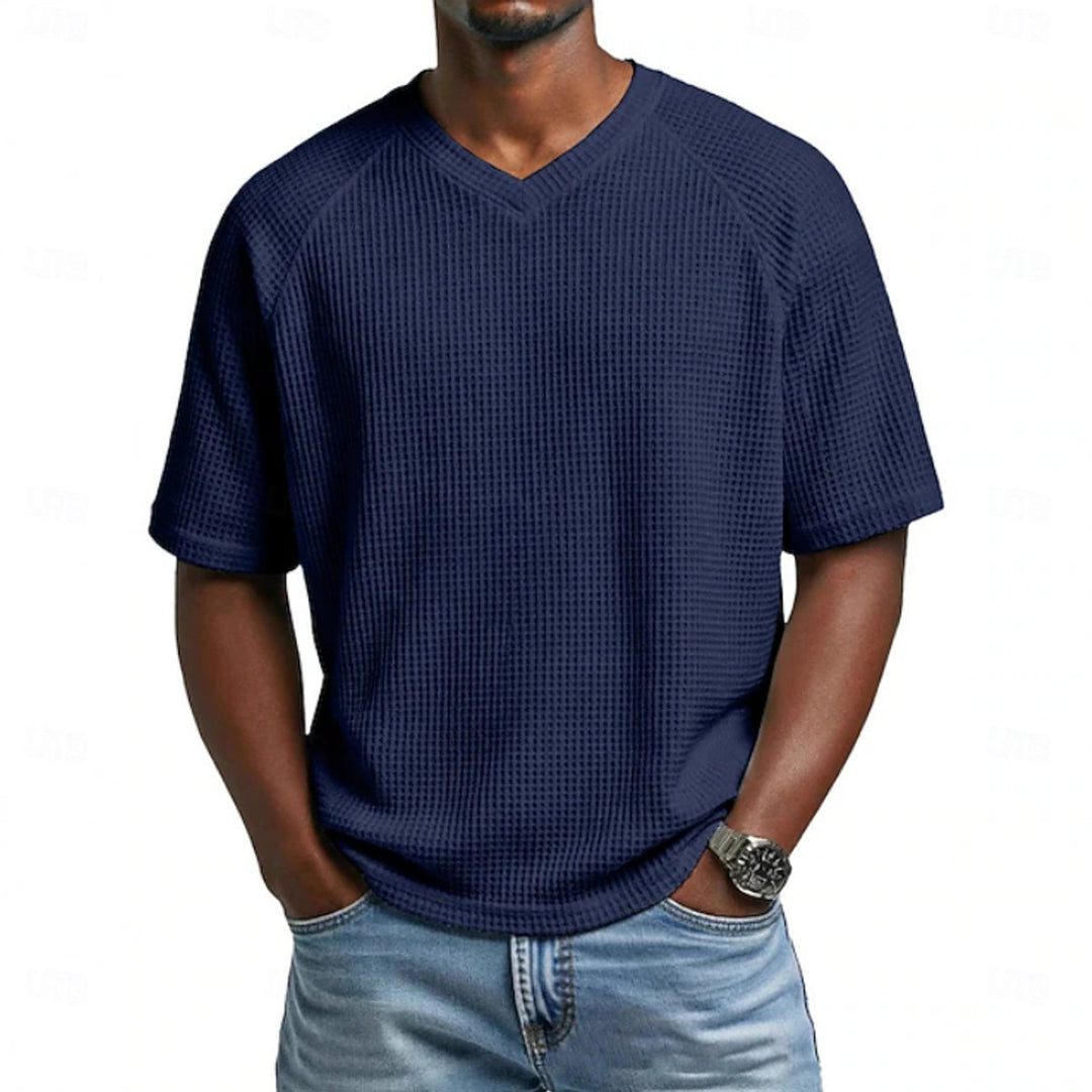 Herren Waffelstrick Kurzarm-Shirt V-Ausschnitt Raglan - Dunkelblau