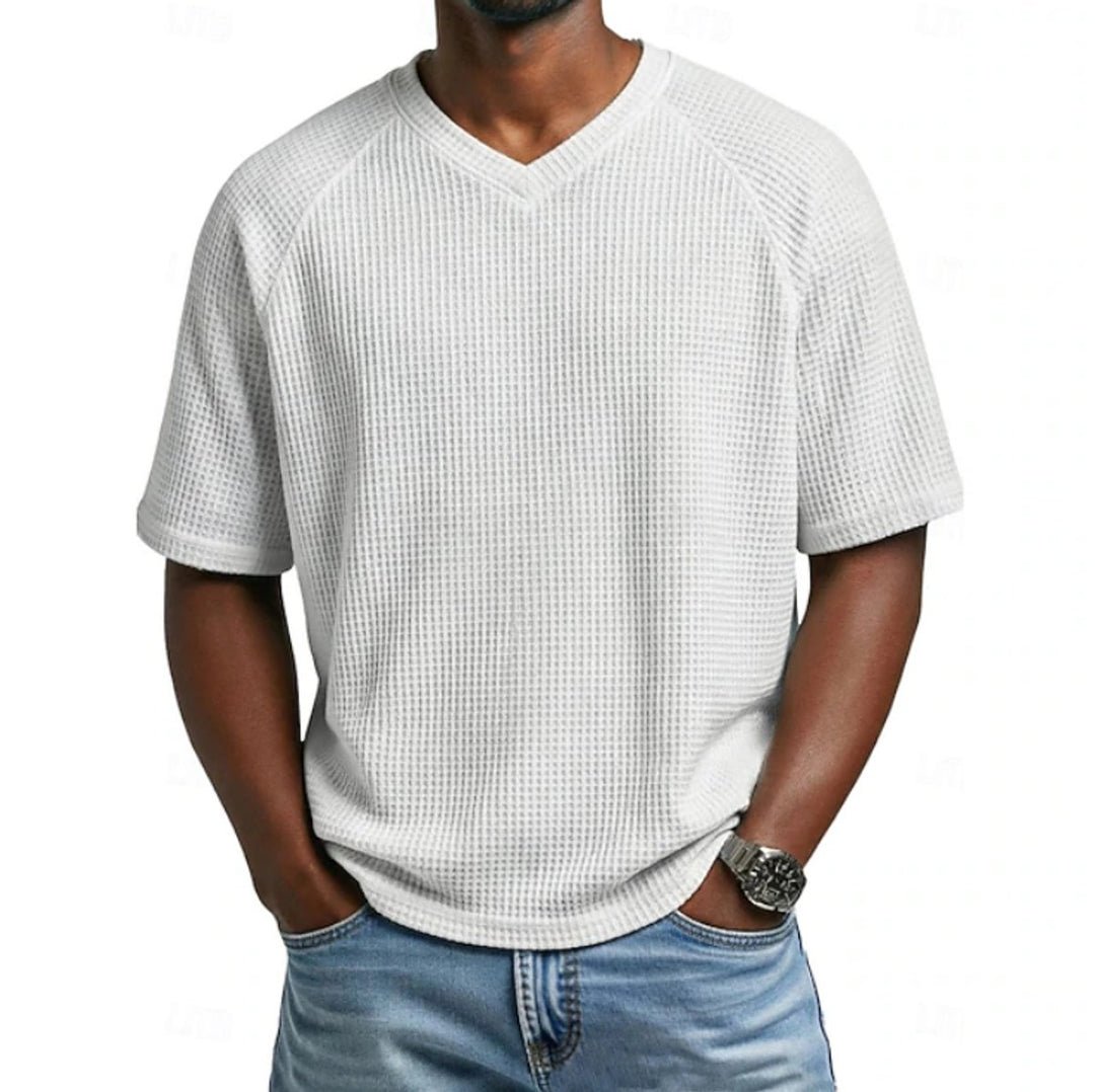 Herren Waffelstrick Kurzarm-Shirt V-Ausschnitt Raglan - Weiß