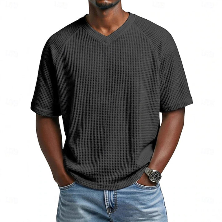 Herren Waffelstrick Kurzarm-Shirt V-Ausschnitt Raglan - Schwarz