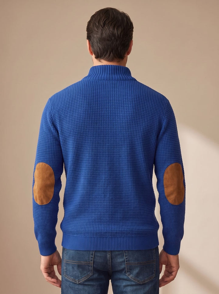 Herren Waffelstrick-Pullover mit Knopf-Stehkragen und Ellbogenpatches