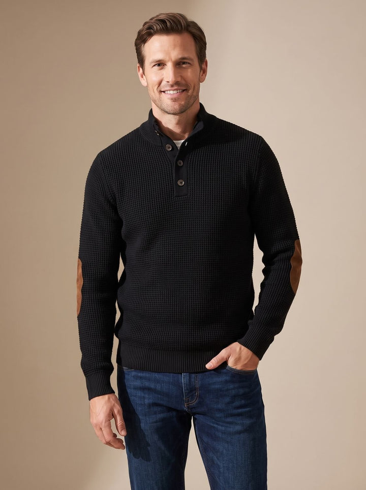 Herren Waffelstrick-Pullover mit Knopf-Stehkragen und Ellbogenpatches - Schwarz