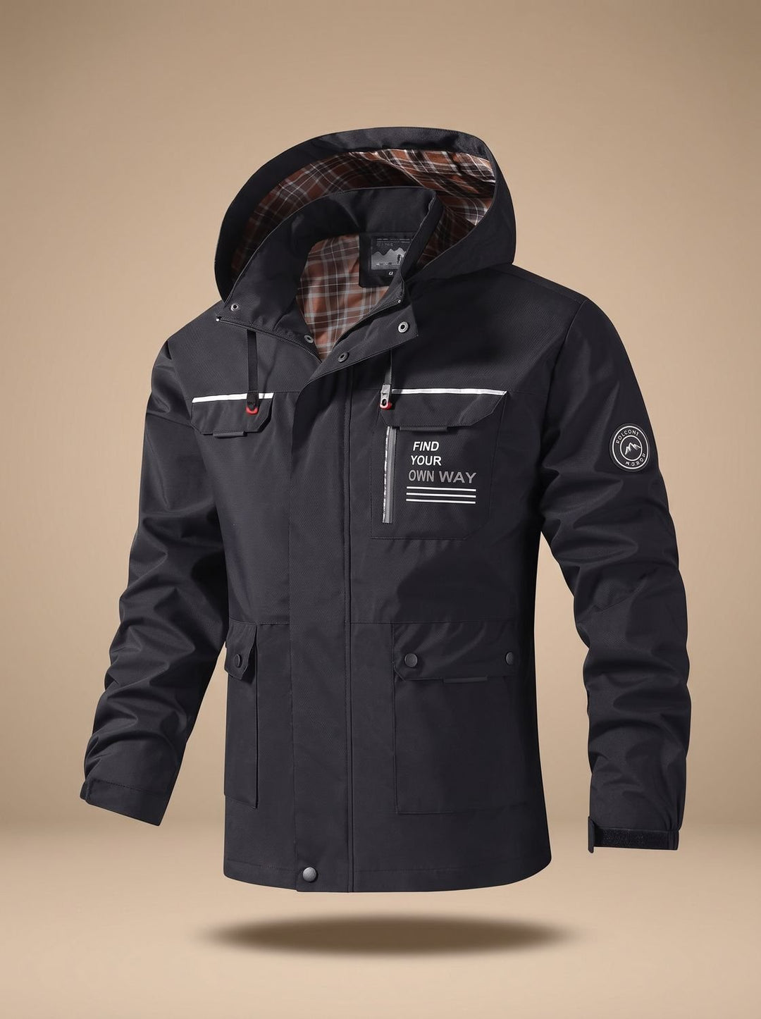 Herren Wasserabweisende Outdoor-Jacke mit Kapuze und Mehrfachtaschen, Black - Schwarz