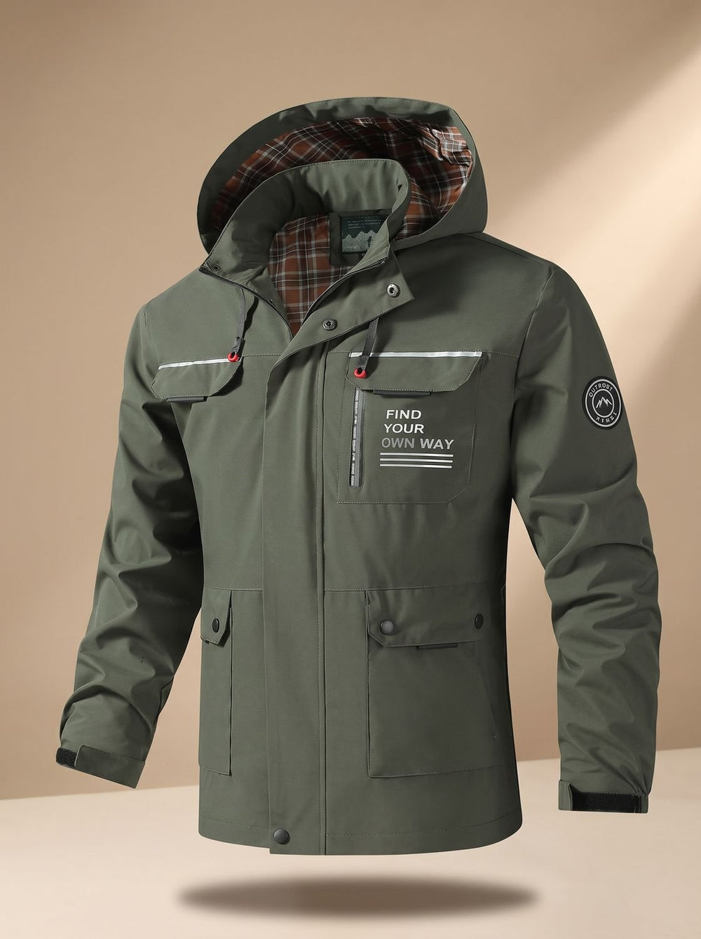 Herren Wasserabweisende Outdoor-Jacke mit Kapuze und Mehrfachtaschen, Black - Olivgrün