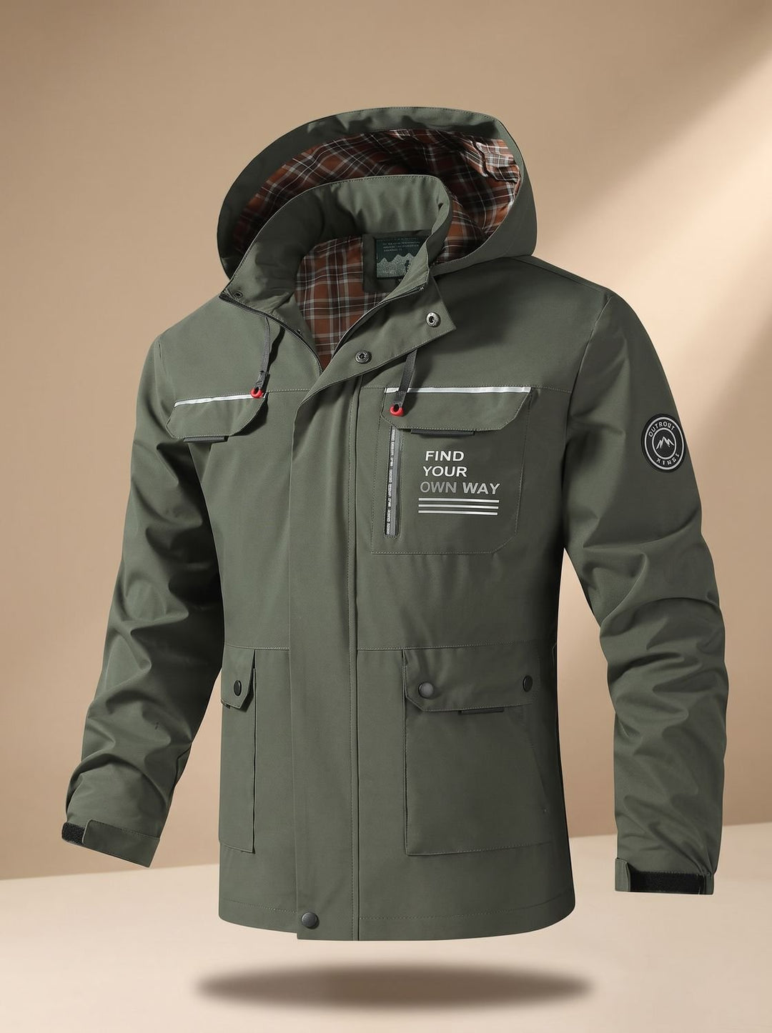Herren Wasserabweisende Outdoor-Jacke mit Kapuze und Mehrfachtaschen, Black - Olivgrün