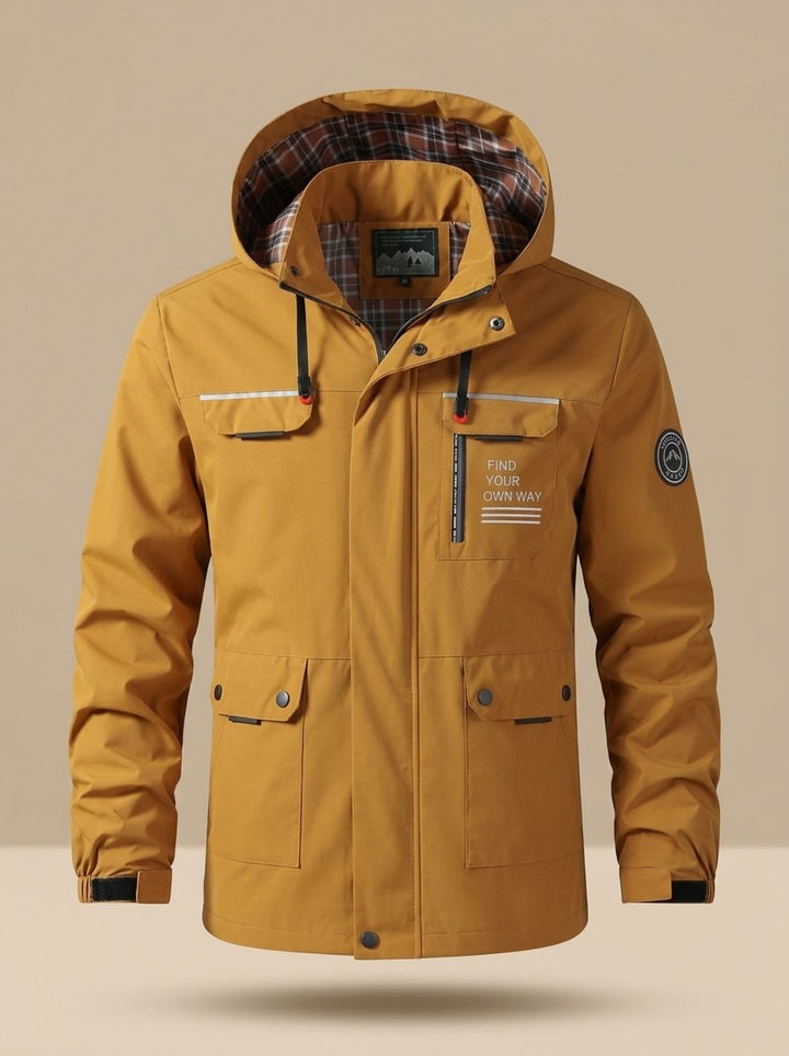 Herren Wasserabweisende Outdoor-Jacke mit Kapuze und Mehrfachtaschen, Black - Senfgelb