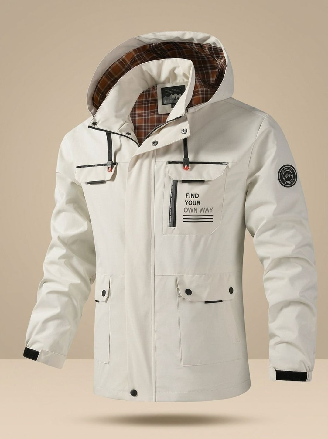 Herren Wasserabweisende Outdoor-Jacke mit Kapuze und Mehrfachtaschen, Black - Weiß
