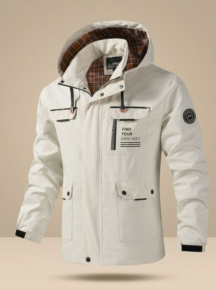 Herren Wasserabweisende Outdoor-Jacke mit Kapuze und Mehrfachtaschen, Black - Weiß