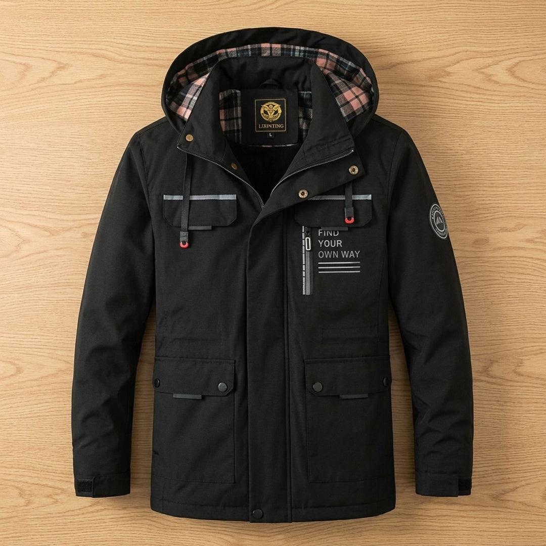 Herren Wasserdichte Winddichte Kapuzenjacke mit Fleecefutter - Schwarz