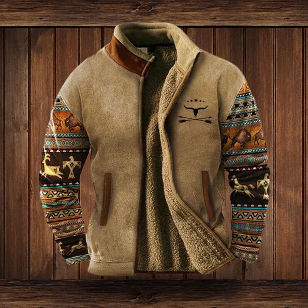 Herren Western-Cardigan Fleece gefüttert mit Azteken-Aufdruck - Braun mit Aufdruck