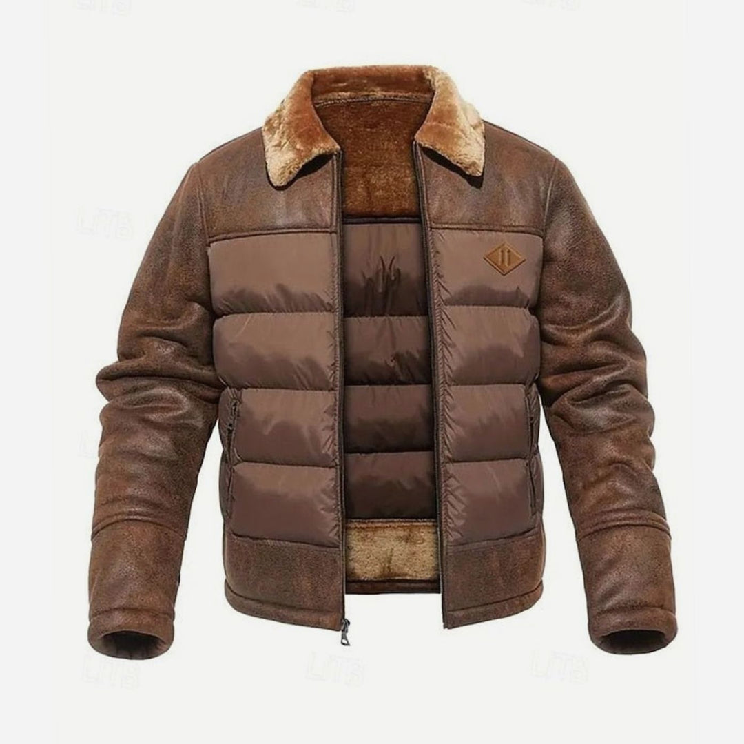 Herren Winter Pufferjacke mit Fellkragen Kunstleder-Ärmeln - Dunkelbraun