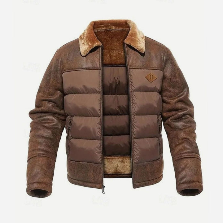Herren Winter Pufferjacke mit Fellkragen Kunstleder-Ärmeln - Dunkelbraun