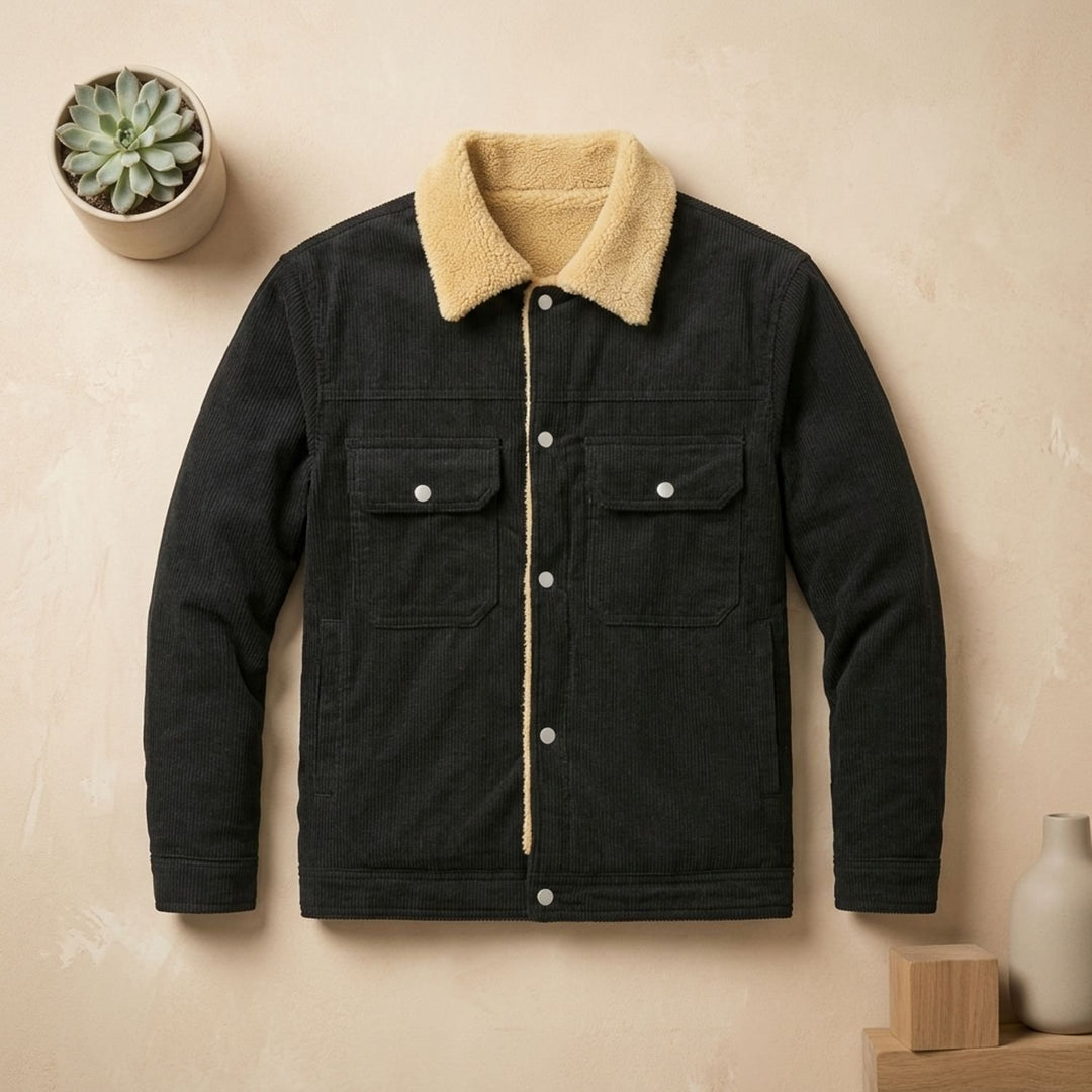 Herren Winterjacke Cord Sherpa-Gefütterte Knopfleisten-Jacke - Schwarz