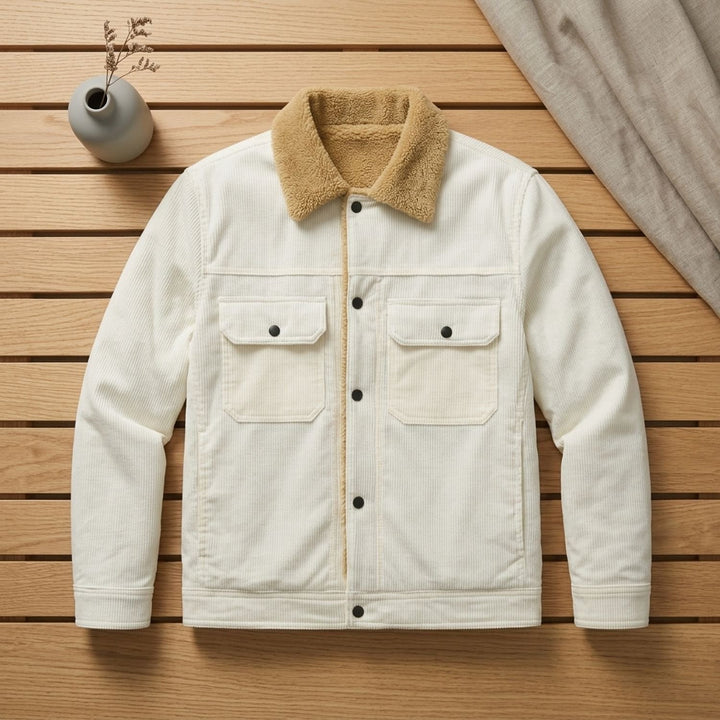 Herren Winterjacke Cord Sherpa-Gefütterte Knopfleisten-Jacke - Weiß